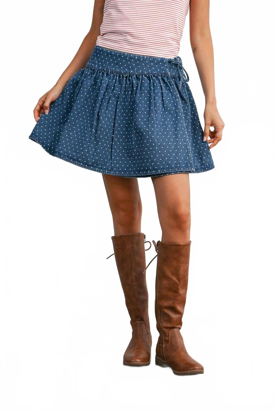 NEW BUTTERMELON dotted swiss gathered mini skirt in denim